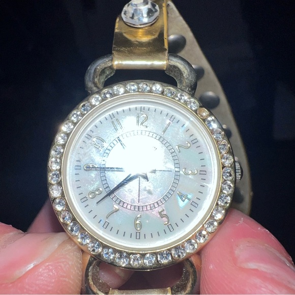 Gold Wrap Watch w/ Rhinestones & Mother of Pearl Face - Snap Button Close - Picture 12 of 12